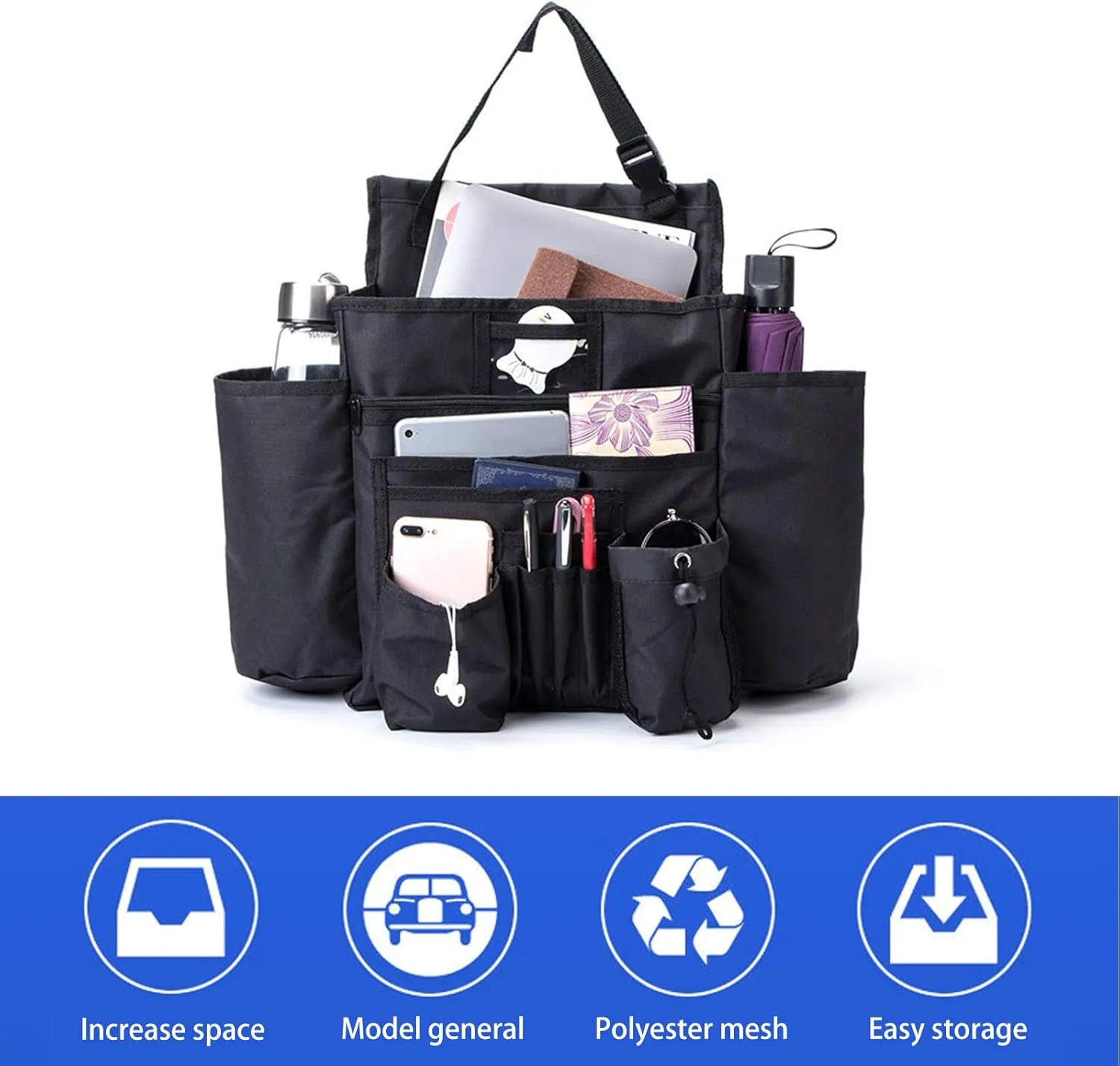 1 PC Car Pocket Barrier Protection, Large Capacity Storage Pouch, Oxford Cloth Car Pocket Handbag Holder, Barrier of Backseat Pet Kids, for Purse, Phone, Documents, Key (Black)