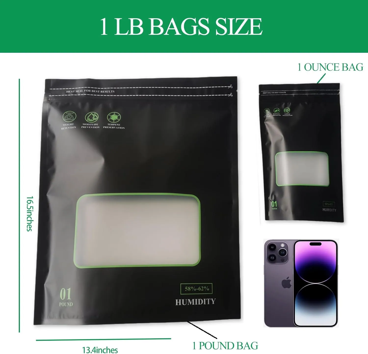 1 Pound Storage Terp Bags, 5 Pack Lock & Seal Heat Sealable Humidity Curing Bags, 16 Ounce, Black
