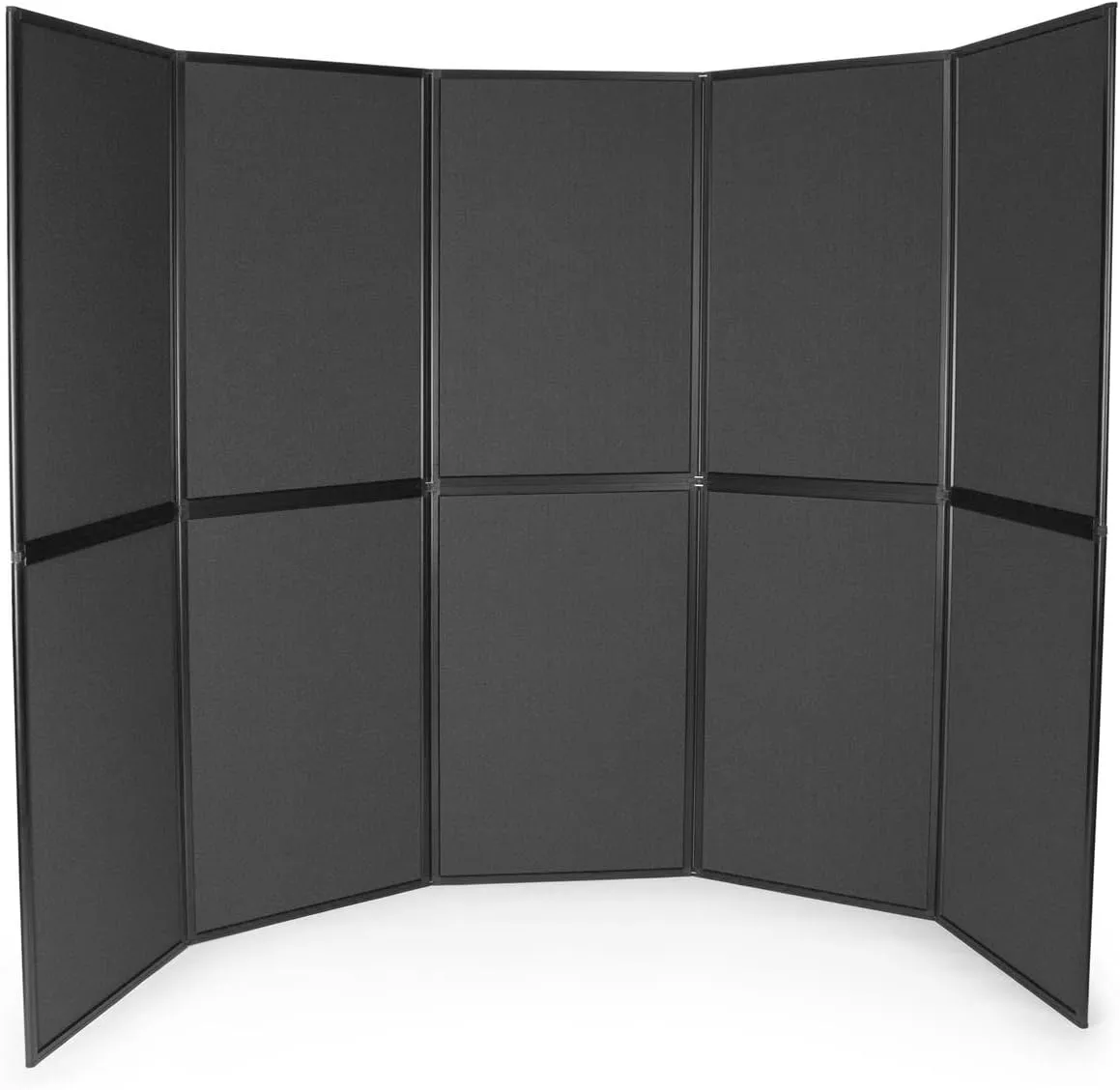 10-Panel Trade Show Display with Black Aluminum Frame, Easy Setup, Carrying Bags Included, Double-Sided - Black and Gray Hook & Loop-Receptive Fabric