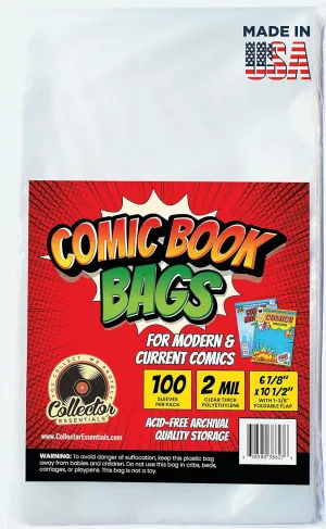 100 Comic Book Bags for Current/Modern Comic Books 6 1/8 X 10 1/2 with Foldable Flap - Acid Free and Clear Polyethylene Comic-Book Sleeves
