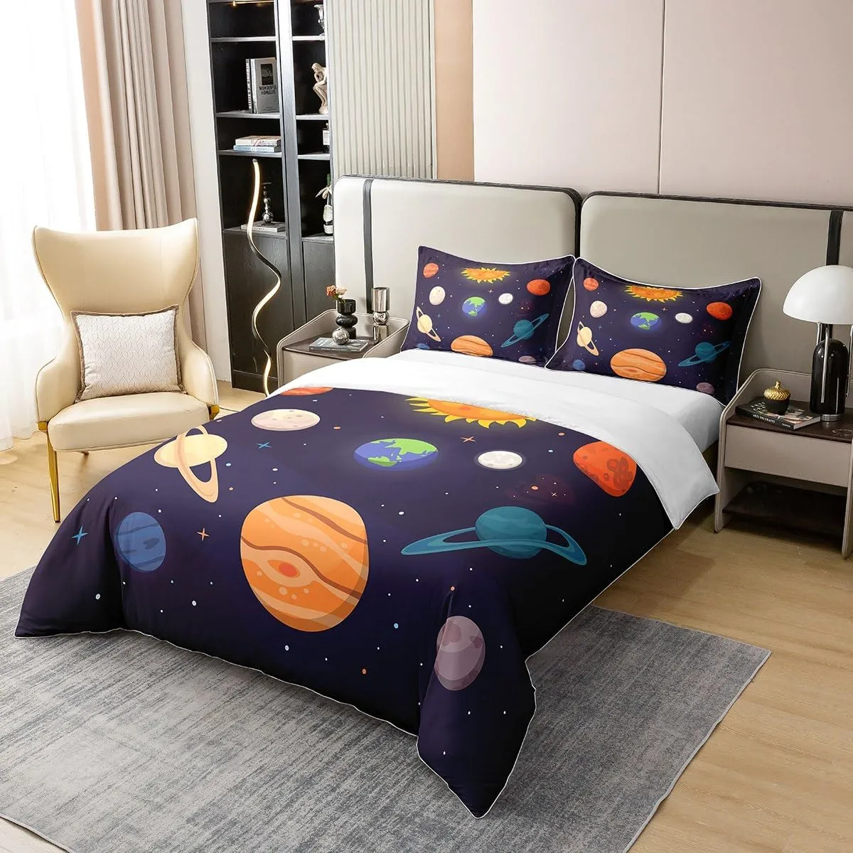 100% Cotton Planets Of Solar System Duvet Cover Queen Mercury Earth Mars Neptune Saturn Jupiter Comforter Cover for Kids Teens Universe Space Bedding Set Galaxy Starry Sky Quilt Cover Soft Comfy
