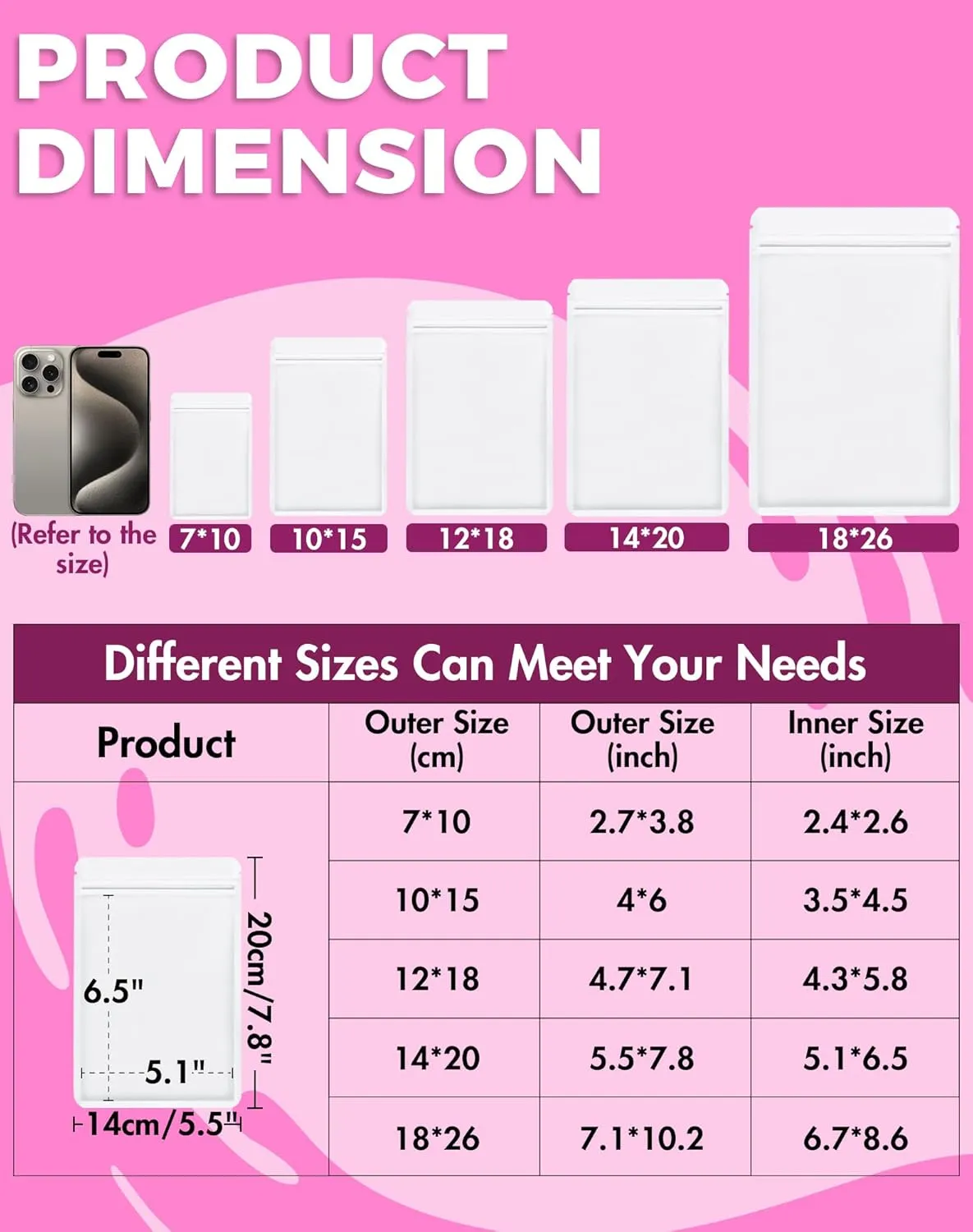 100 Pack Resealable Packaging Bags for Small Business Double-Sided Color Smell Proof Bags for Food Storage Flat Bags (White, 5.5" x 7.8")