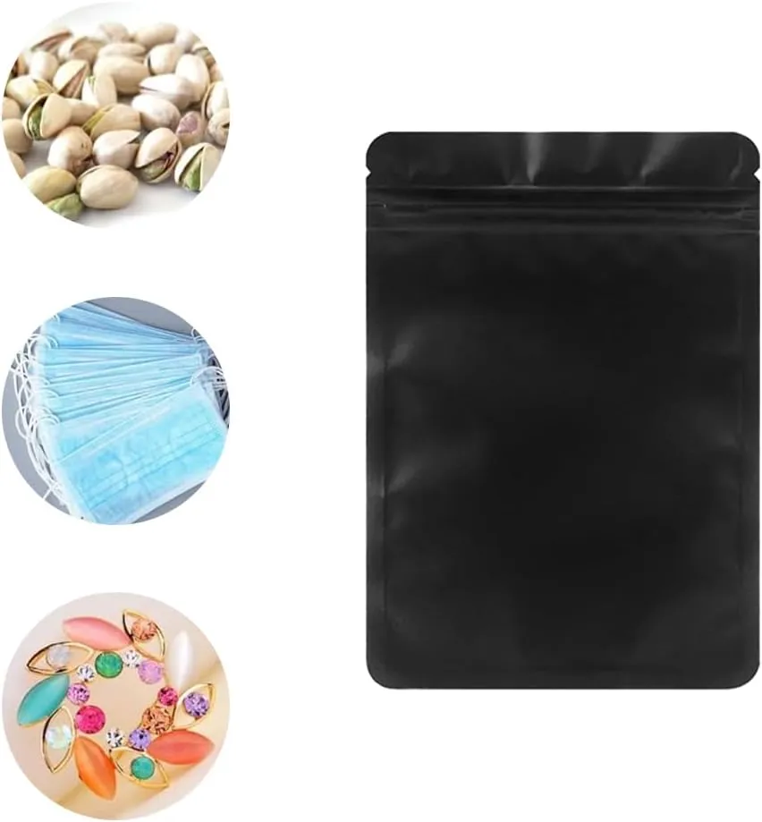 100 Packs Mylar Bags with Zipper Seal, Black Matte Moisture Proof Storage for Food Coffee Electronics Accessories, Reusable (Size XXXL)