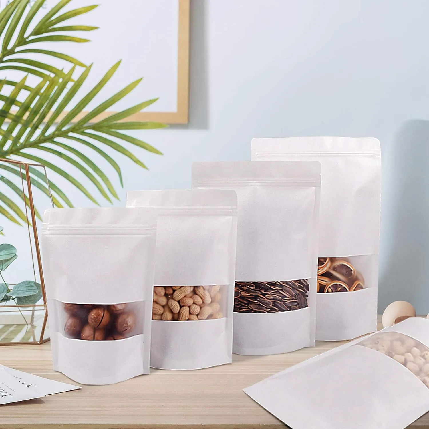 100 Pcs Resealable bags,5.9" x 8.6" Stand Up White Kraft Paper Bags with Matte Window, Zip Lock Food Storage Bags for Packaging Products, Reusable, Sealable