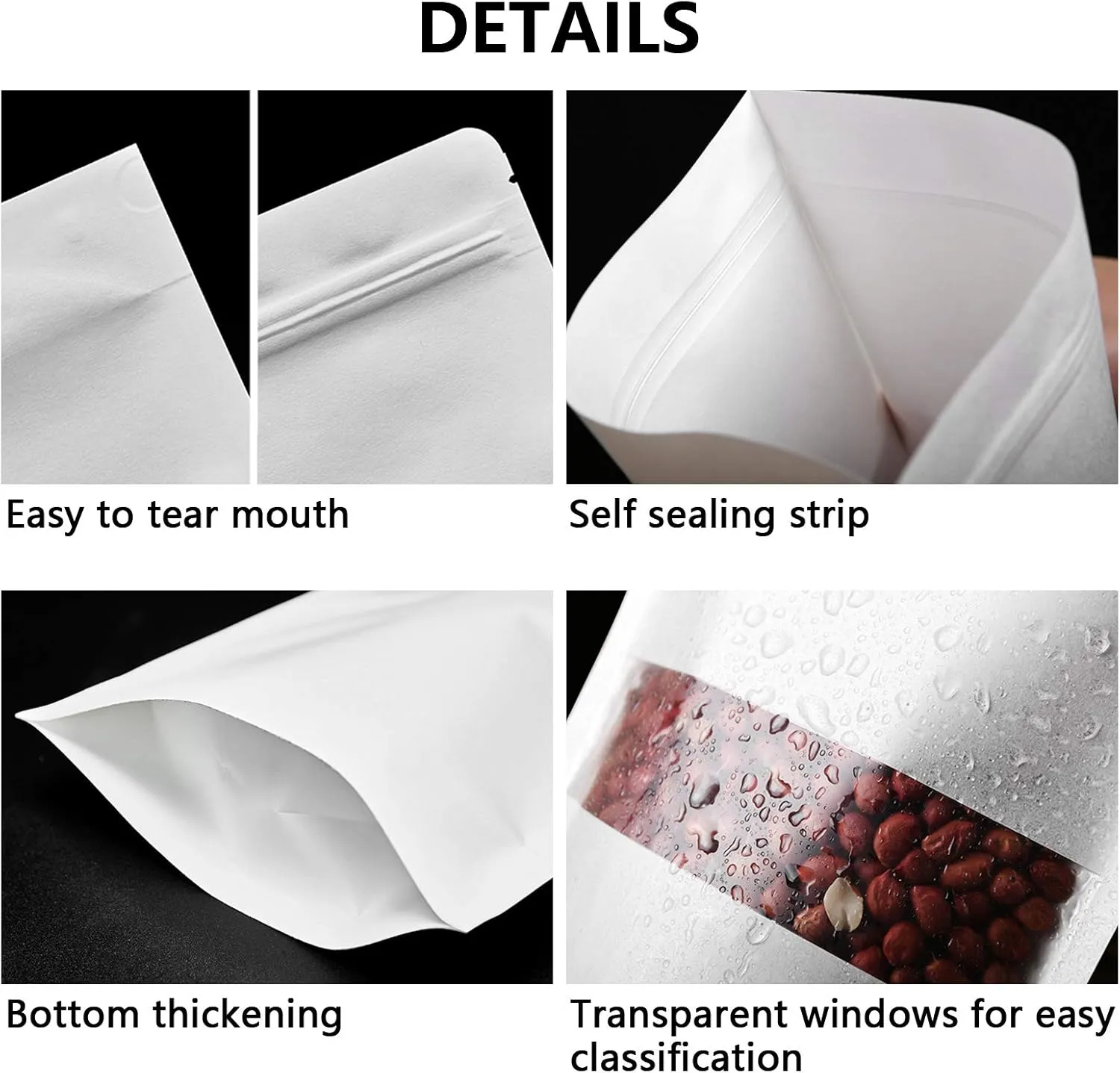 100 Pcs Resealable bags,5.9" x 8.6" Stand Up White Kraft Paper Bags with Matte Window, Zip Lock Food Storage Bags for Packaging Products, Reusable, Sealable