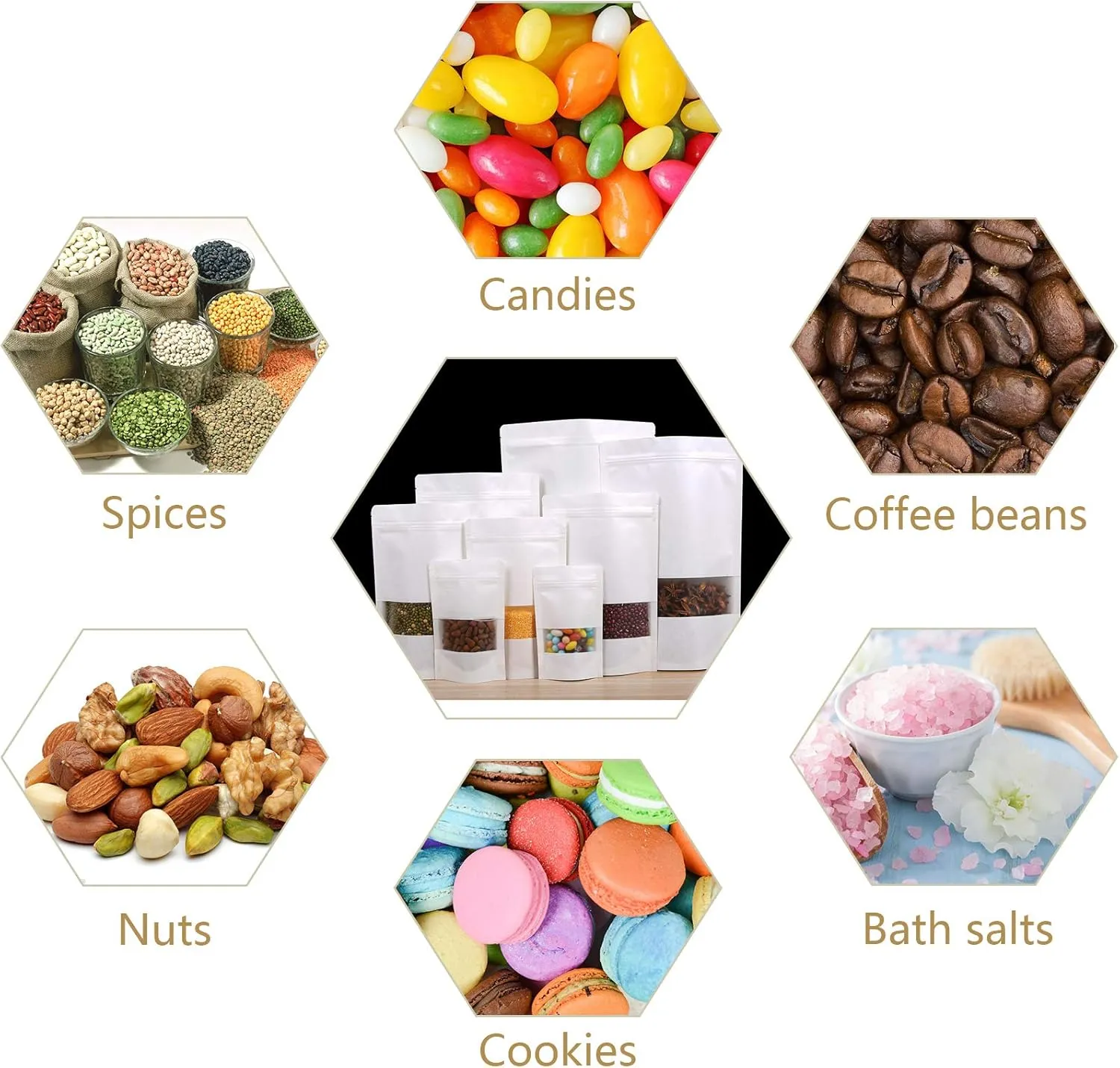 100 Pcs Resealable bags,5.9" x 8.6" Stand Up White Kraft Paper Bags with Matte Window, Zip Lock Food Storage Bags for Packaging Products, Reusable, Sealable
