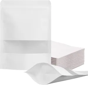 100 Pcs Resealable bags,5.9" x 8.6" Stand Up White Kraft Paper Bags with Matte Window, Zip Lock Food Storage Bags for Packaging Products, Reusable, Sealable