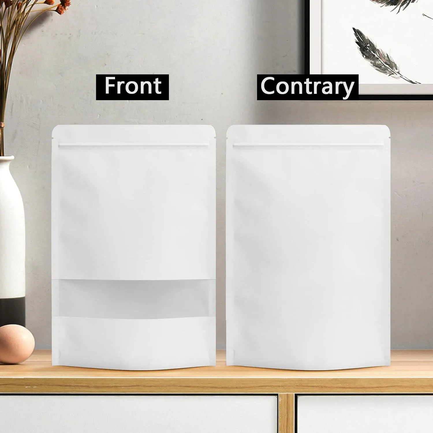 100 Pcs Resealable bags,5.9" x 8.6" Stand Up White Kraft Paper Bags with Matte Window, Zip Lock Food Storage Bags for Packaging Products, Reusable, Sealable