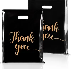 100 PCS Thank You Merchandise Bags, Extra Thick 2.36 Mil 12 x 15 Inches Black Plastic Shopping Bags with Handles for Small Business, Retail Boutique, Stores, Clothes