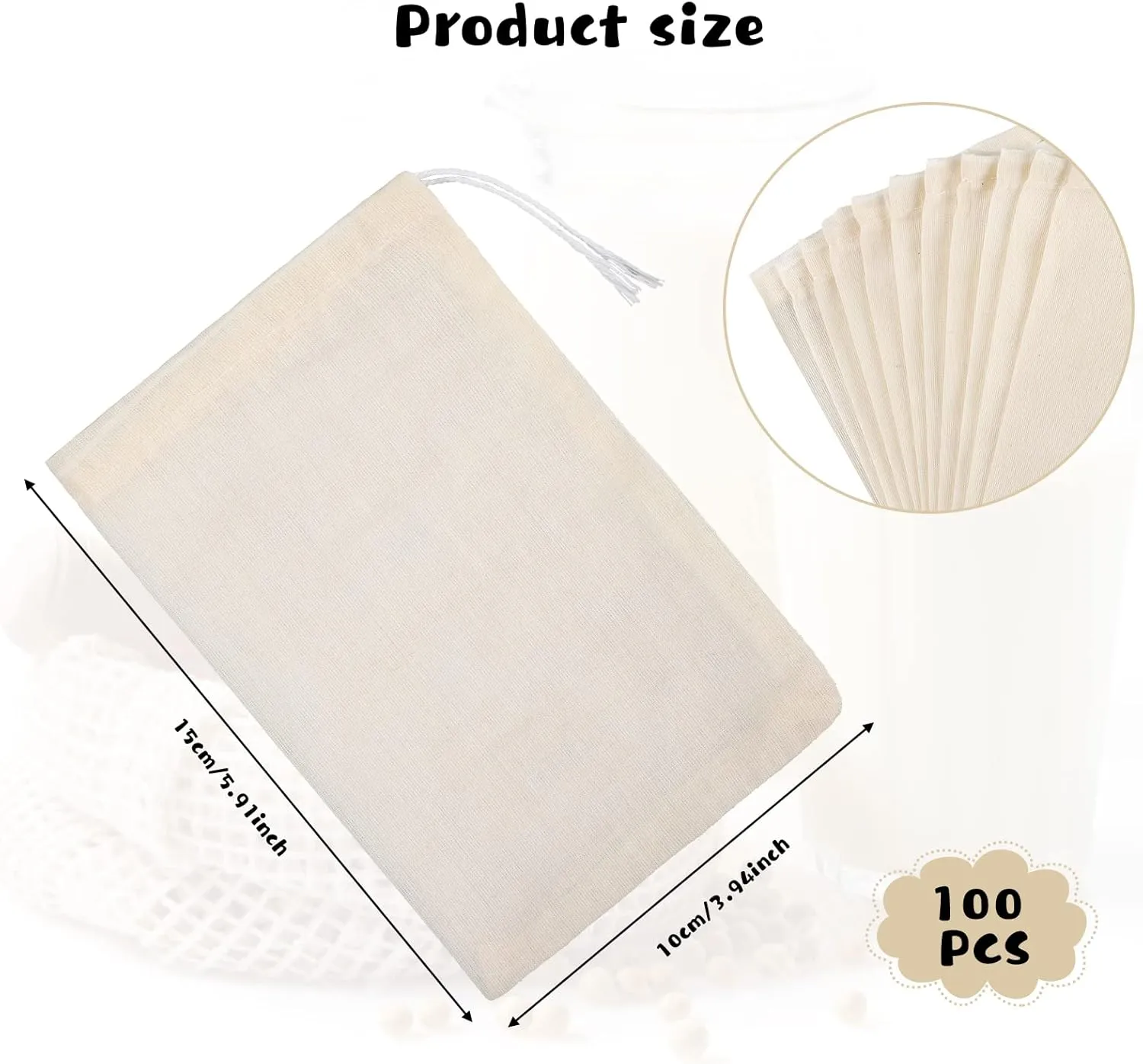 100 Pieces Cheesecloth Bags for Straining Reusable Tea Filter Muslin Bags Cold Brew Milk Tea Filter Strainer Cheese Clothes Cheese Clothbags for Office Kitchen Cooking(4 x 6 Inch)