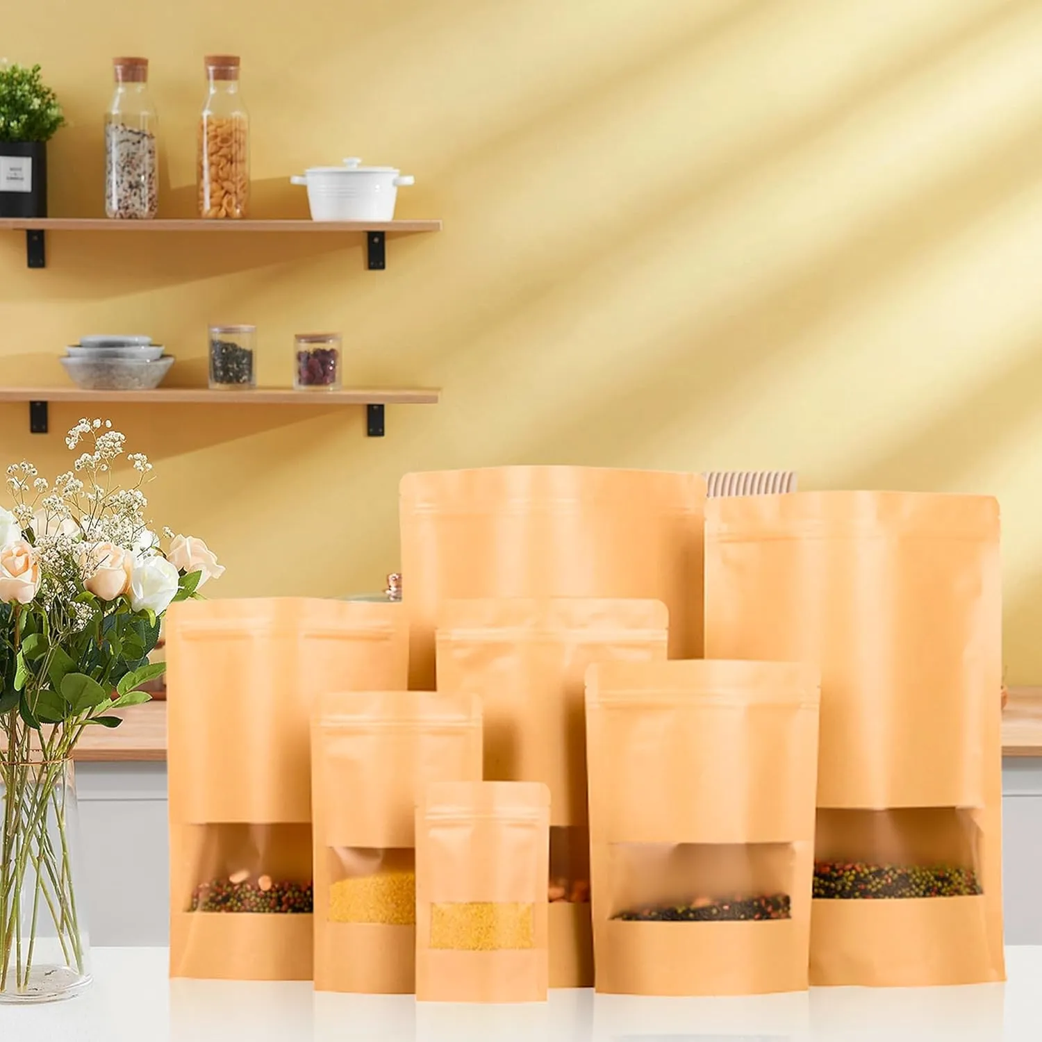 100PCS Kraft Paper Bags with Window(3.6" X 5.5"), Resealable Paper Bags for Food Storage, Stand Up Treat Bag Reusable for Candy, Cookie, Heat Seal Paper Bag for Small Business