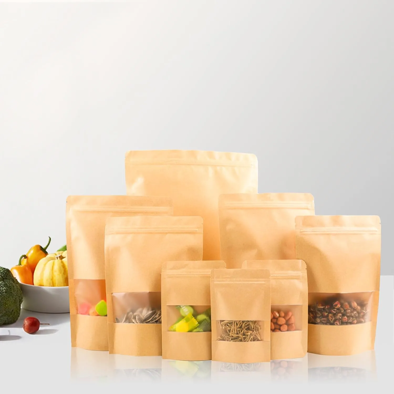 100PCS Kraft Paper Bags with Window(3.6" X 5.5"), Resealable Paper Bags for Food Storage, Stand Up Treat Bag Reusable for Candy, Cookie, Heat Seal Paper Bag for Small Business