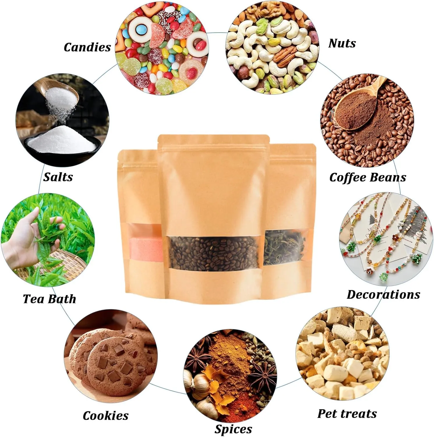 100PCS Kraft Paper Bags with Window(3.6" X 5.5"), Resealable Paper Bags for Food Storage, Stand Up Treat Bag Reusable for Candy, Cookie, Heat Seal Paper Bag for Small Business