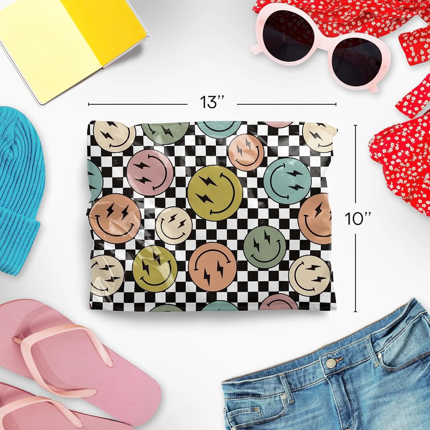10x13 Poly Mailers – Smiles Checkerboard – Waterproof, Tear-Resistant Shipping Bags with Adhesive Seal – 100 Pack – Package Mint