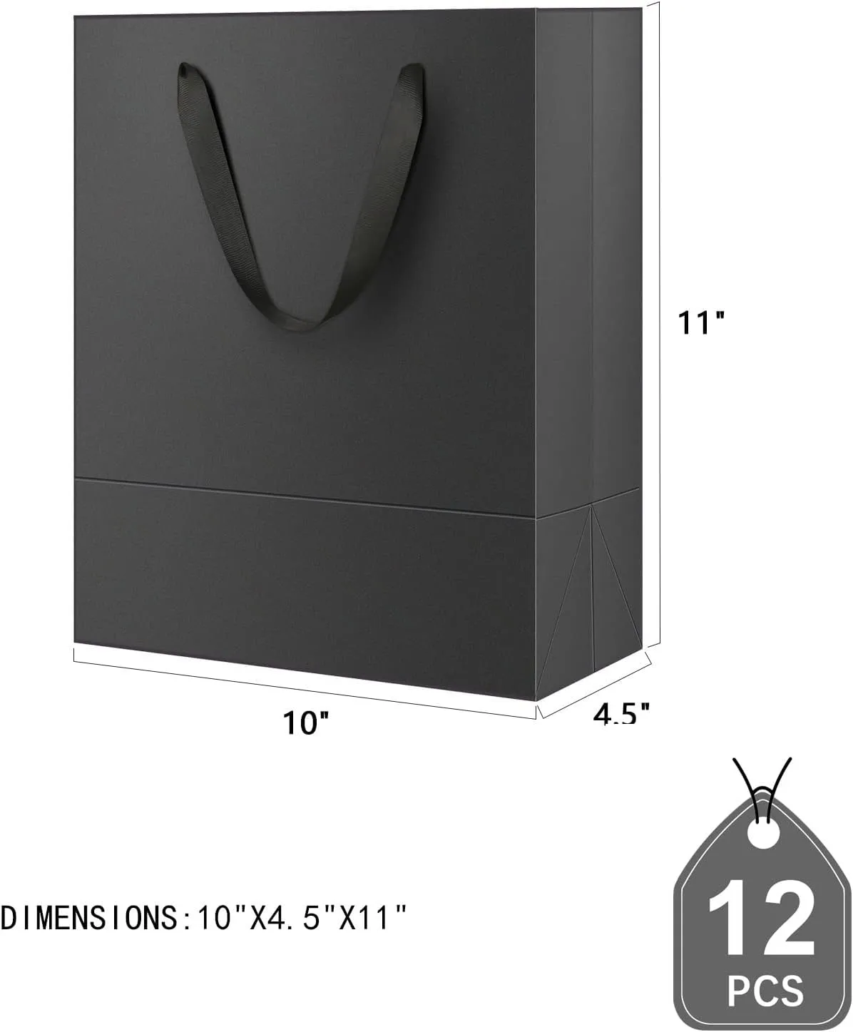 12 Large Gift Bags 10x4.5x11 Inches, Matte Black Gift Bags, Premium Gift Bags with Handles for Mother's Day, Father's Day and All Occasions