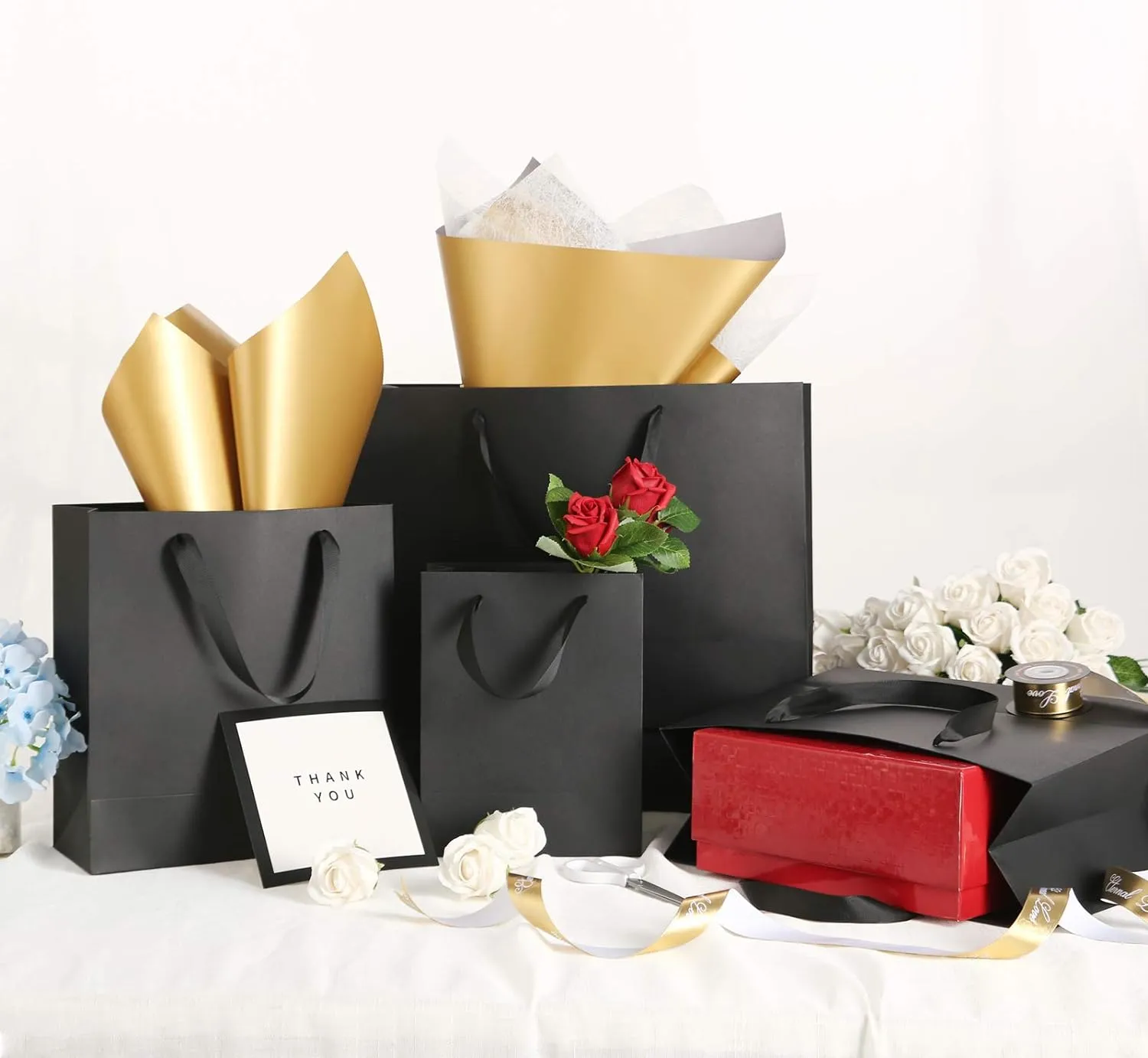 12 Large Gift Bags 10x4.5x11 Inches, Matte Black Gift Bags, Premium Gift Bags with Handles for Mother's Day, Father's Day and All Occasions