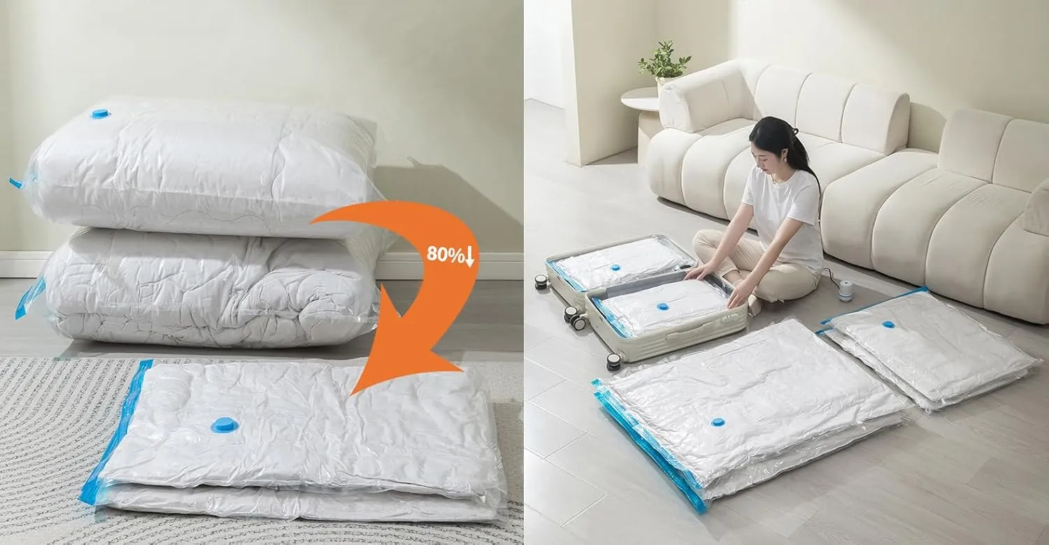 12 Pack Vacuum Moving Bags (1 Max plus/1 Max/1 Jumbo/3 Large/3 Medium/3 Small), Sturdy and Durable, Clothes Storage Bags,College Supplies Packing Bag, Hand Pump Included (Transparency)