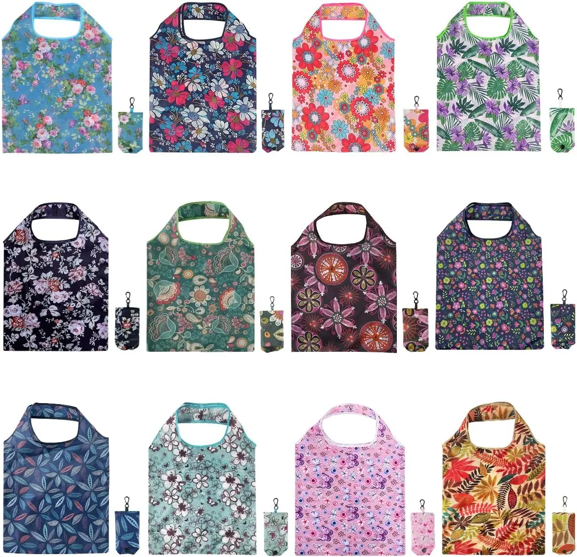 12 Pcs Reusable Floral Grocery Bags, Foldable Washable Fashion Shopping Bags, Portable Eco-friendly Tote Bag Gifts for Women, Cute Waterproof Flower Travel Recycle Bag for Supermarket (12Pcs)