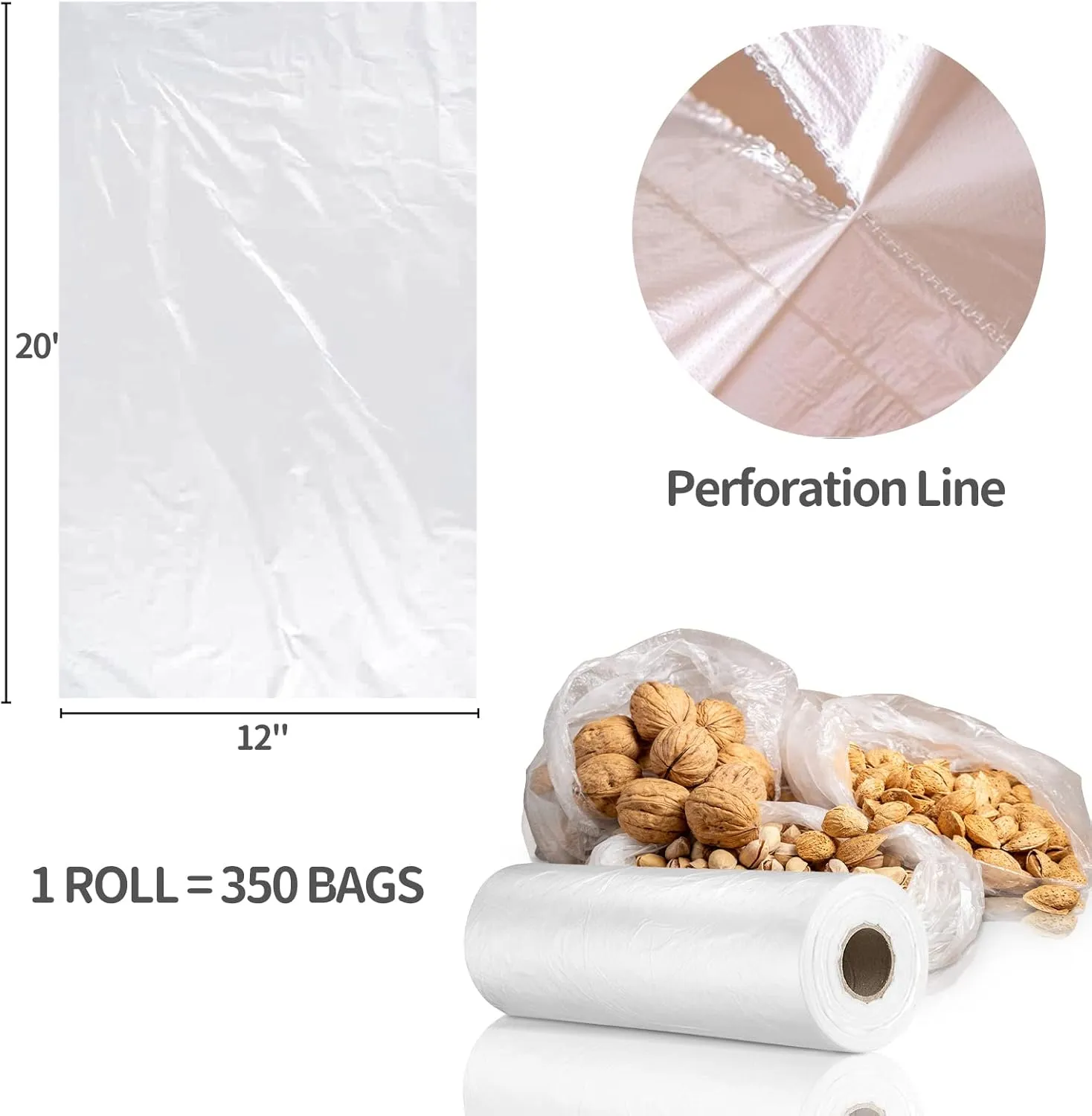 12” x 20” Plastic Produce Bags, Food Storage Bags 350pcs on a Roll, Clear Produce Bag for Food Vegetable Bread Fruit Meat - 2 Rolls