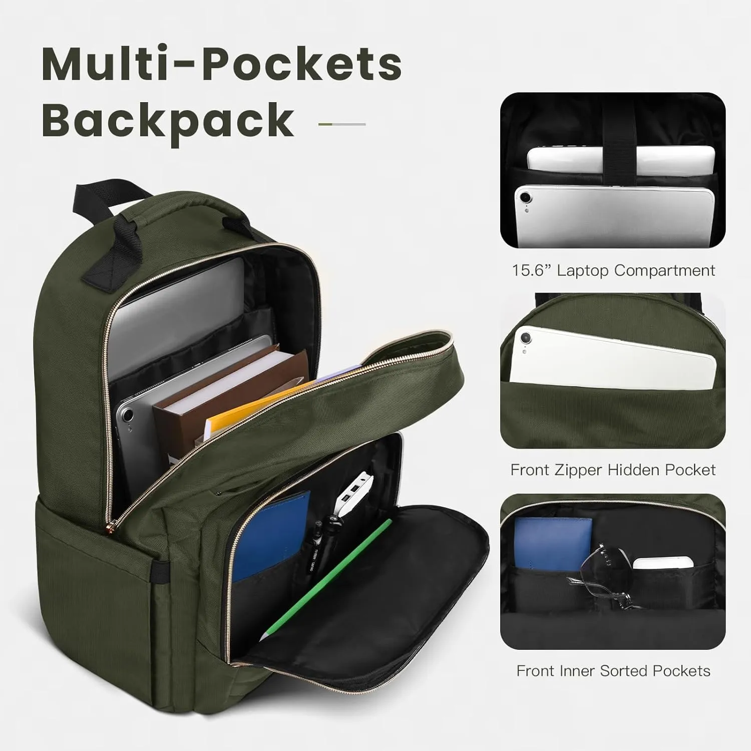 15.6 Inch Laptop Backpack for Women, Work Business Travel College Bags, Water-Resistant Quilted Casual Daypack (Army Green)