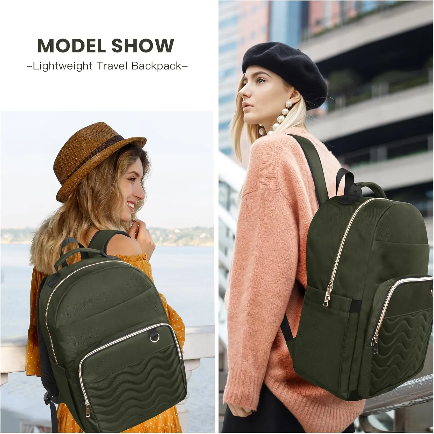 15.6 Inch Laptop Backpack for Women, Work Business Travel College Bags, Water-Resistant Quilted Casual Daypack (Army Green)