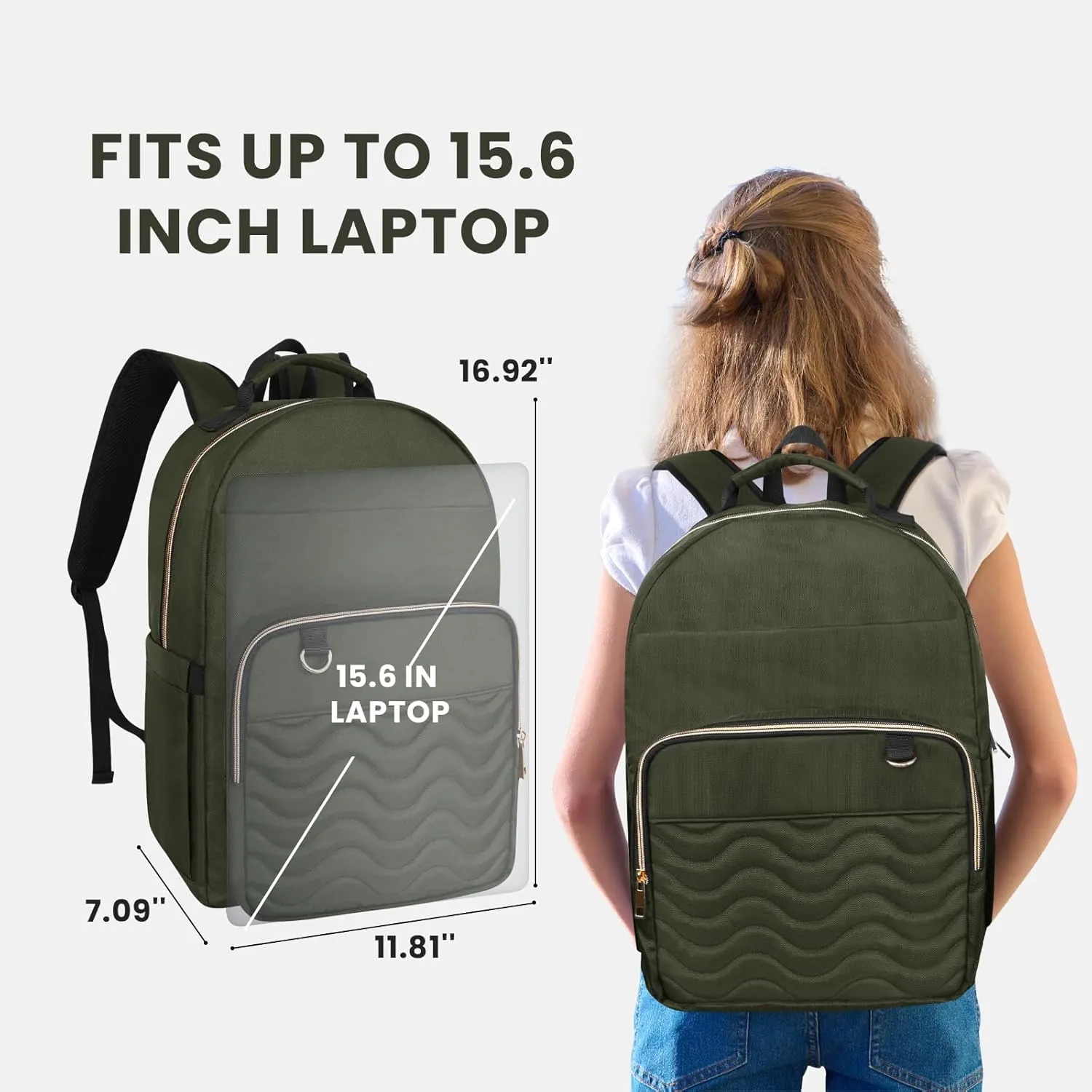 15.6 Inch Laptop Backpack for Women, Work Business Travel College Bags, Water-Resistant Quilted Casual Daypack (Army Green)