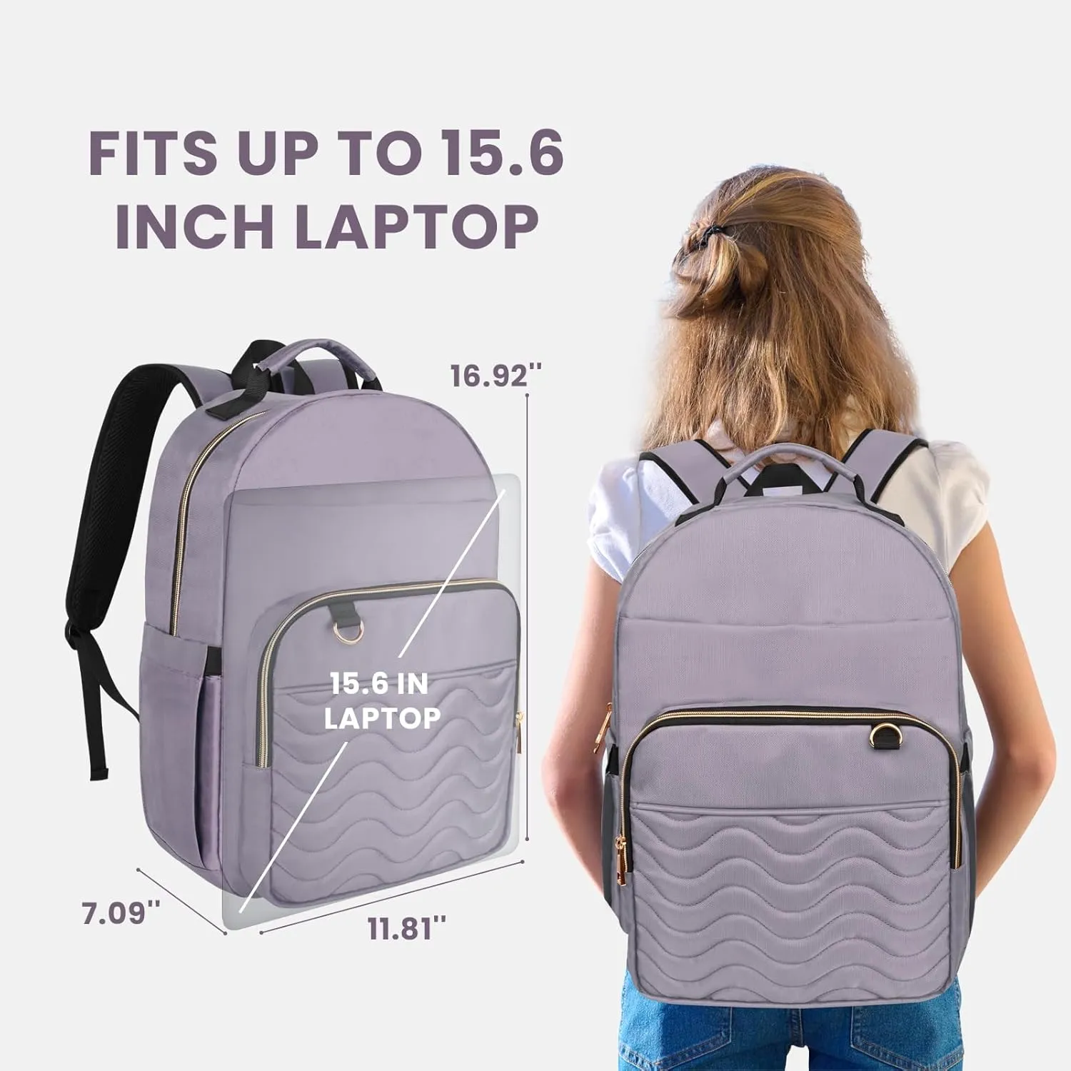 15.6 Inch Laptop Backpack for Women, Work Business Travel College Bags, Water-Resistant Quilted Casual Daypack (Light Purple)