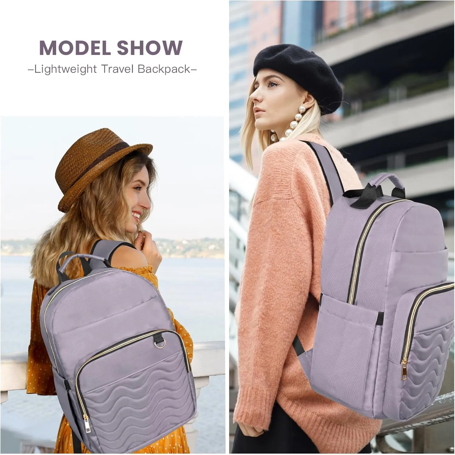 15.6 Inch Laptop Backpack for Women, Work Business Travel College Bags, Water-Resistant Quilted Casual Daypack (Light Purple)