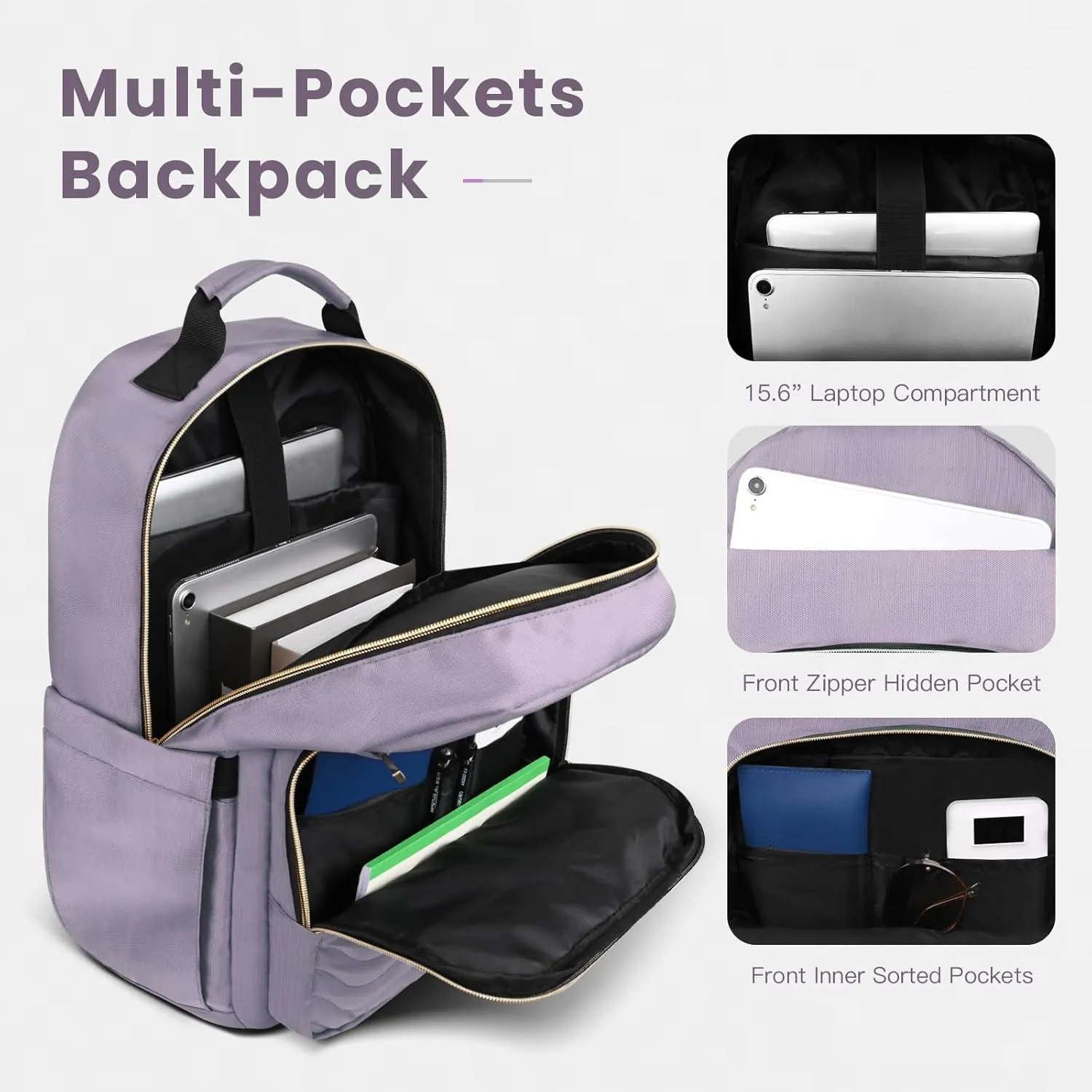 15.6 Inch Laptop Backpack for Women, Work Business Travel College Bags, Water-Resistant Quilted Casual Daypack (Light Purple)