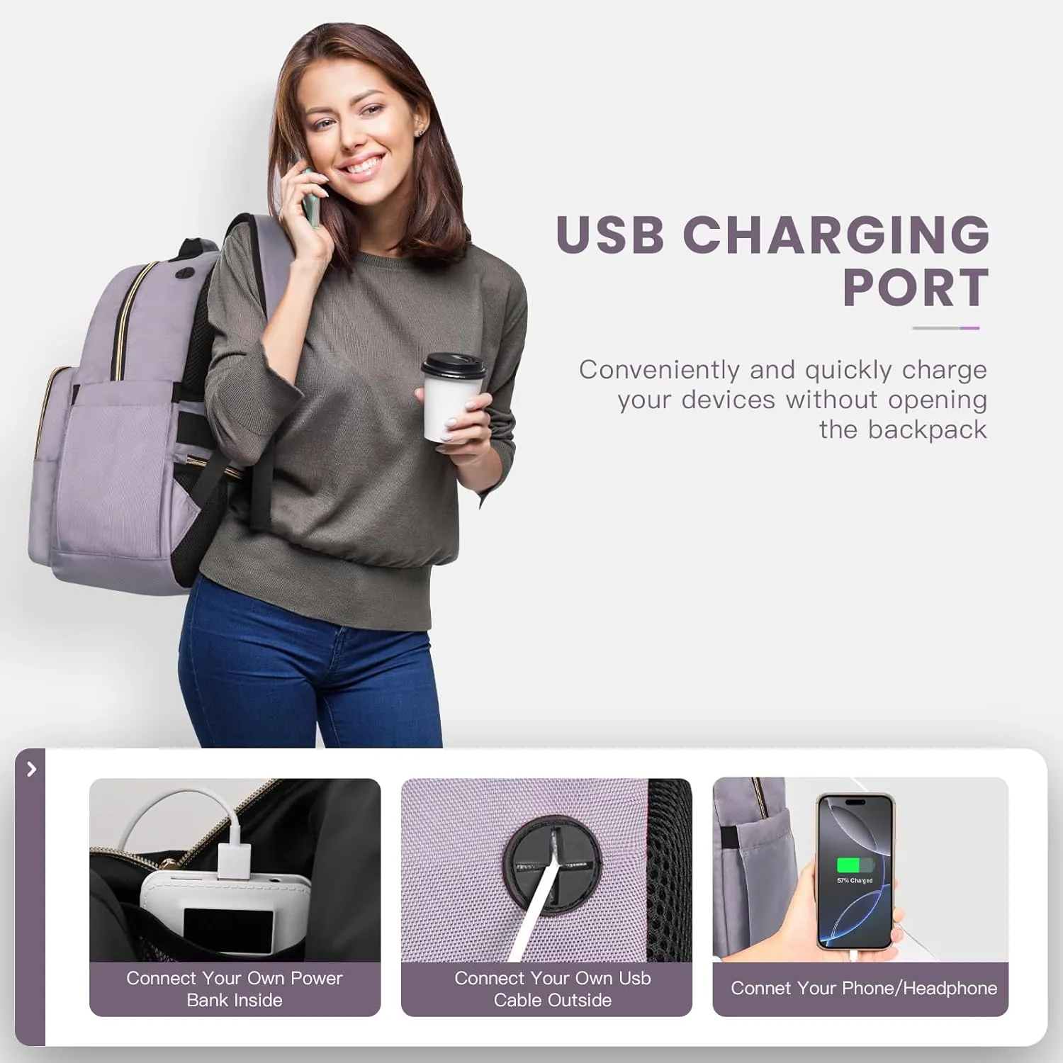 15.6 Inch Laptop Backpack for Women, Work Business Travel College Bags, Water-Resistant Quilted Casual Daypack (Light Purple)