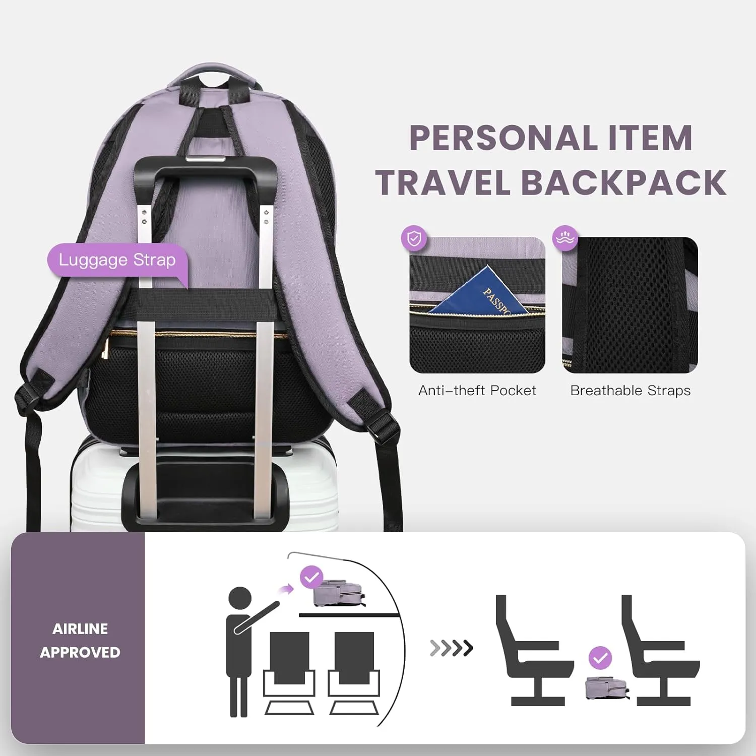 15.6 Inch Laptop Backpack for Women, Work Business Travel College Bags, Water-Resistant Quilted Casual Daypack (Light Purple)