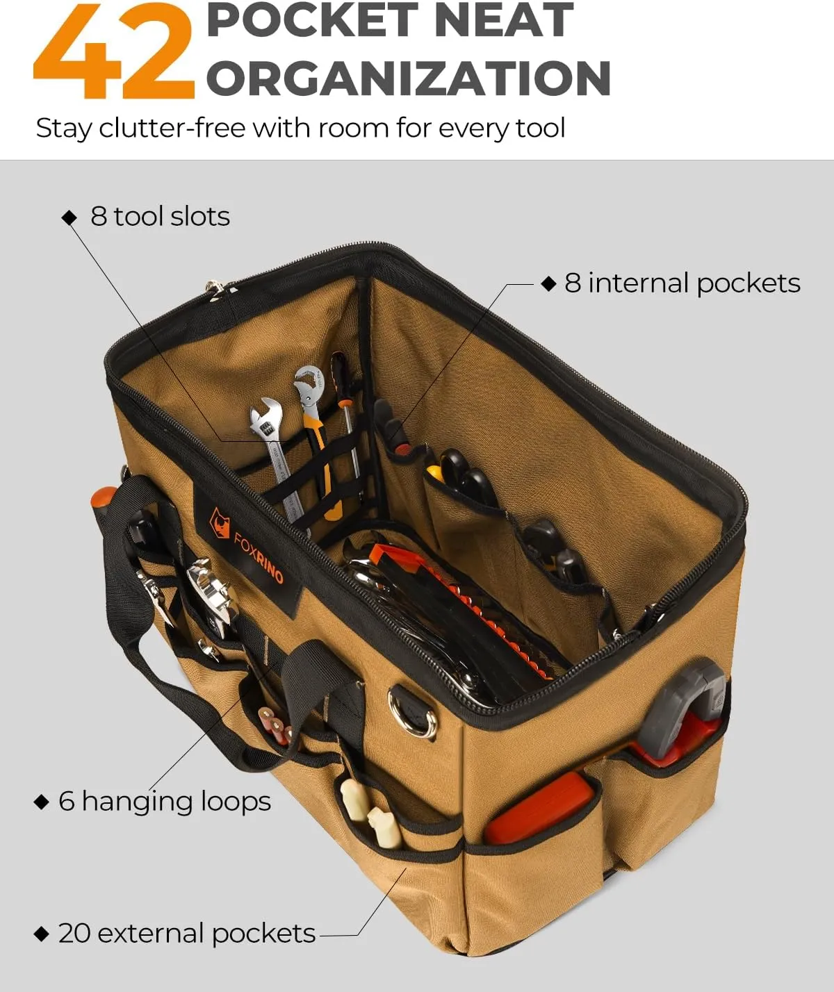 16" Large Tool Bag for Men | Heavy-Duty Anti-Collapse Toolbag Organizer | 1200D Oxford with 42 Pockets & Removable Panels | Gifts for Men Father Dad Mechanic Contractors