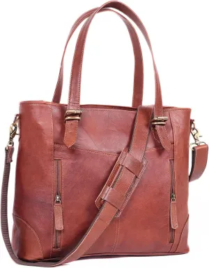 17-inch Large Leather Tote Bag for Women Genuine Brown Leather Laptop Bag with Zipper Professional Briefcase, Computer Tote for Work, Business, Travel, & Daily Use
