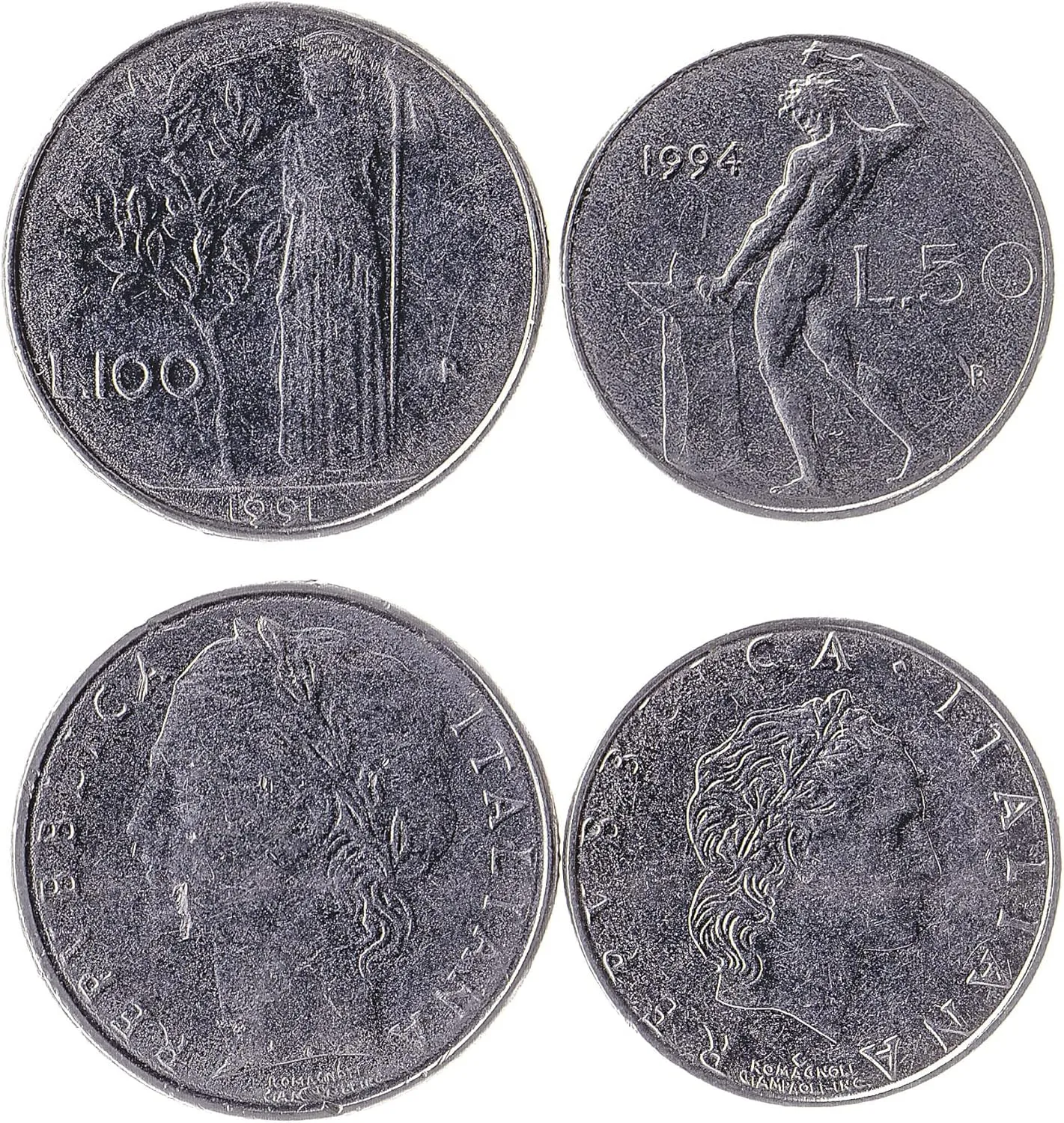 2 Coins from Italy | Italian Coin Set Collection 50 100 Lire | Circulated 1990-1995 | Oak Wreath | Olive | Long Spear | Vulcan | Iron | Laurel Wreath | Minerva | Anvil