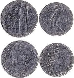 2 Coins from Italy | Italian Coin Set Collection 50 100 Lire | Circulated 1990-1995 | Oak Wreath | Olive | Long Spear | Vulcan | Iron | Laurel Wreath | Minerva | Anvil