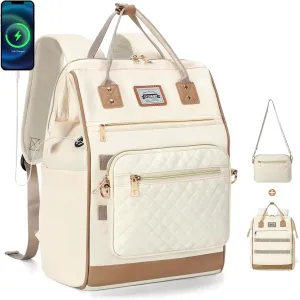 2-in-1 Work Backpack for Women with Detachable Sling Bag - 14-15.6 Inch Laptop Compartment, USB Charging Port, Water Resistant, Large Capacity & Travel Luggage Strap - Beige
