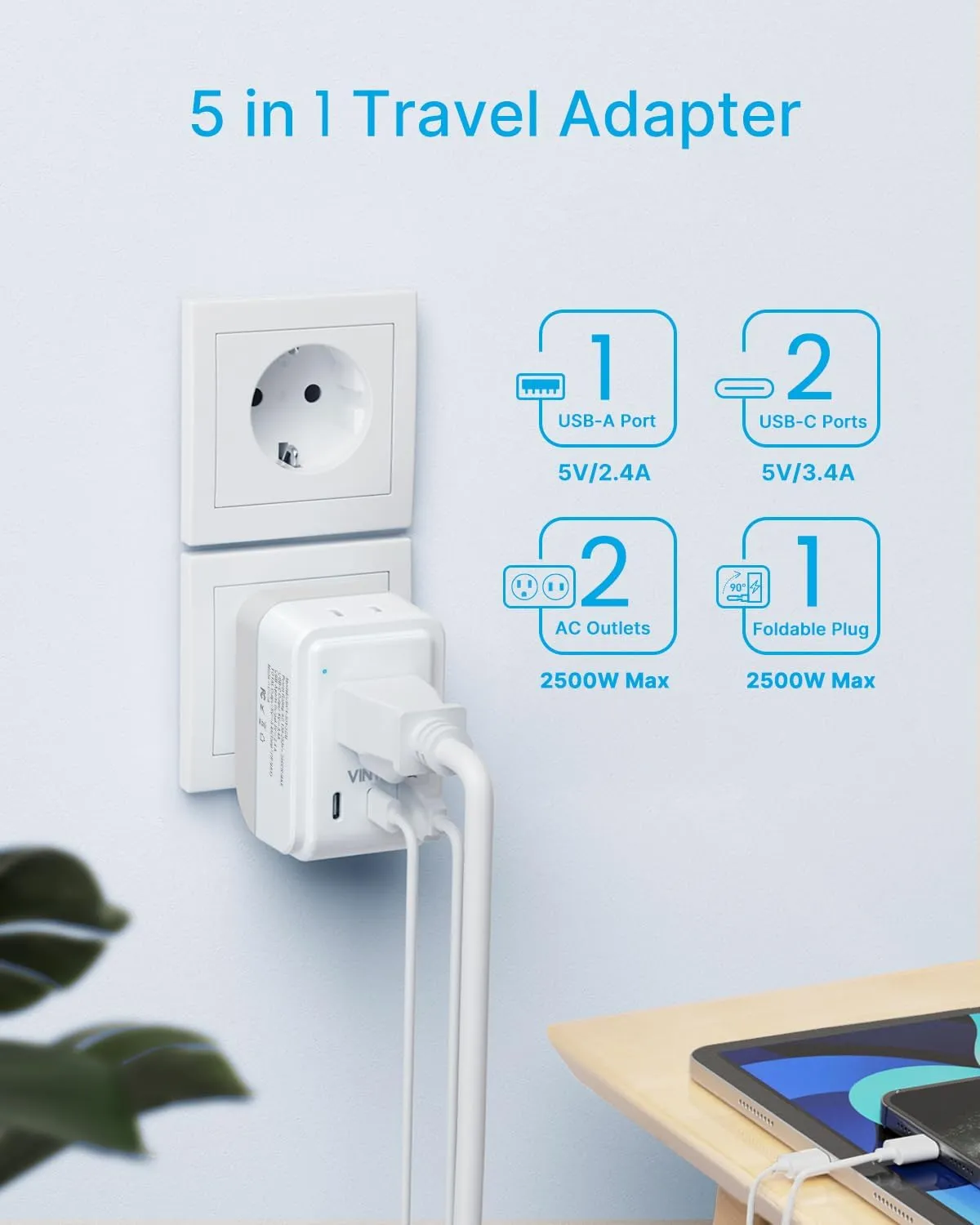 2 Pack European Travel Plug Adapter, VINTAR Foldable International Power Adapter with 2 AC Outlets 3 USB Charging Ports(2 USB C), Type C Power Adaptor to Most Europe Italy Spain France Iceland Germany