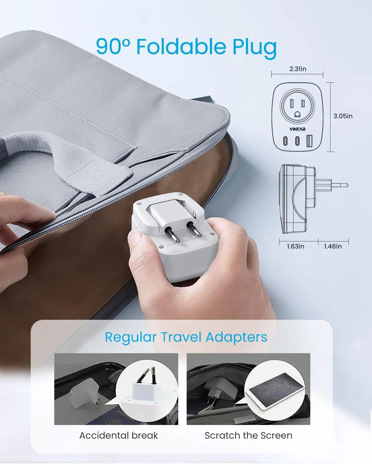 2 Pack European Travel Plug Adapter, VINTAR Foldable International Power Plug with 2 AC Outlets 3 USB Ports(2 USB C), Type C Travel Essentials Charger for US to Most of Europe EU Italy Spain France