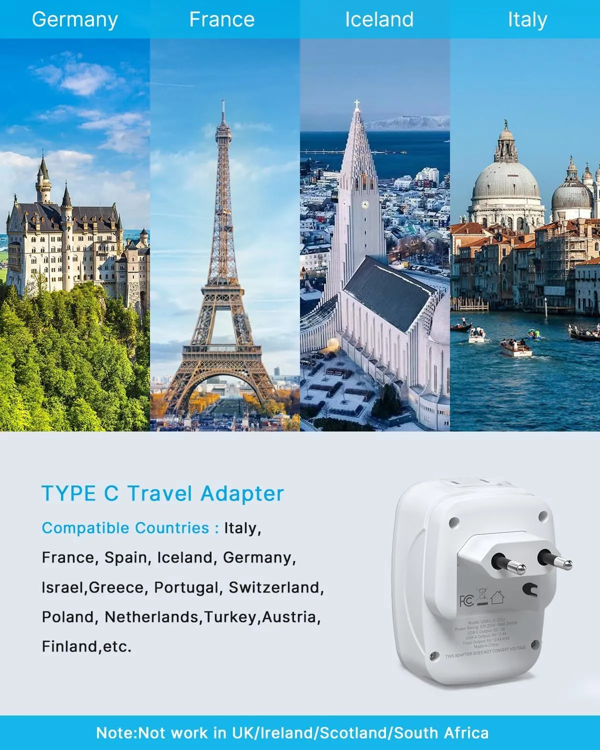2 Pack European Travel Plug Adapter, VINTAR Foldable International Power Plug with 2 AC Outlets 3 USB Ports(2 USB C), Type C Travel Essentials Charger for US to Most of Europe EU Italy Spain France