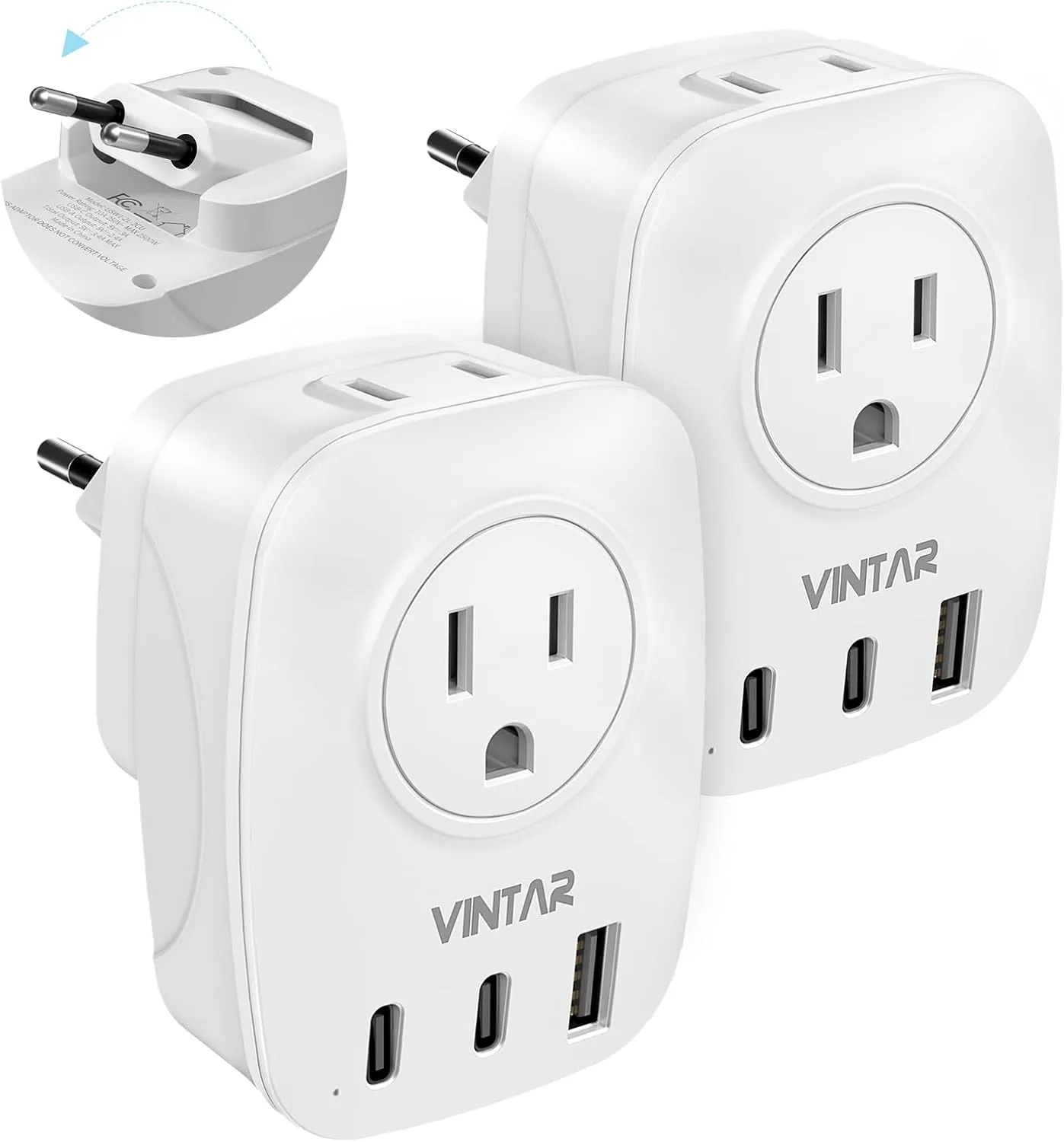 2 Pack European Travel Plug Adapter, VINTAR Foldable International Power Plug with 2 AC Outlets 3 USB Ports(2 USB C), Type C Travel Essentials Charger for US to Most of Europe EU Italy Spain France