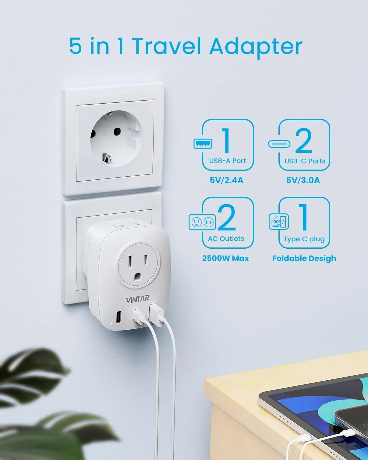 2 Pack European Travel Plug Adapter, VINTAR Foldable International Power Plug with 2 AC Outlets 3 USB Ports(2 USB C), Type C Travel Essentials Charger for US to Most of Europe EU Italy Spain France