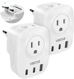 2 Pack European Travel Plug Adapter, VINTAR Foldable International Power Plug with 2 AC Outlets 3 USB Ports(2 USB C), Type C Travel Essentials Charger for US to Most of Europe EU Italy Spain France