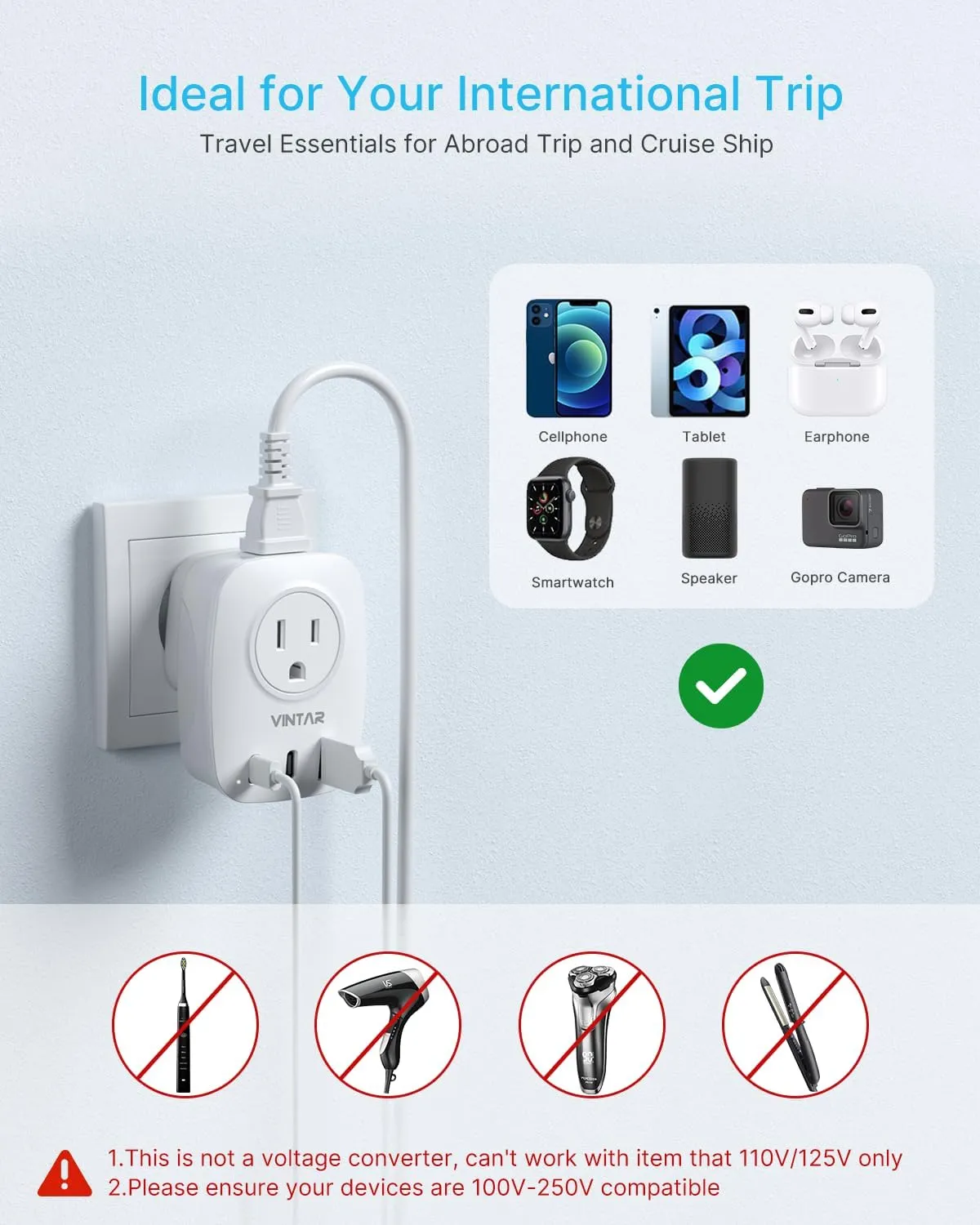 2 Pack European Travel Plug Adapter, VINTAR Foldable International Power Plug with 2 AC Outlets 3 USB Ports(2 USB C), Type C Travel Essentials Charger for US to Most of Europe EU Italy Spain France