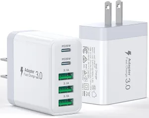 [2-Pack] USB C Wall Charger, 50W Fast USB C Charger Block, 5-Port PD Power Adapter   QC Wall Plug Multiport Type C Charging Block Cube Compatible with iPhone 16 15 14 13 12 11 Pro Max XR XS, Tablets