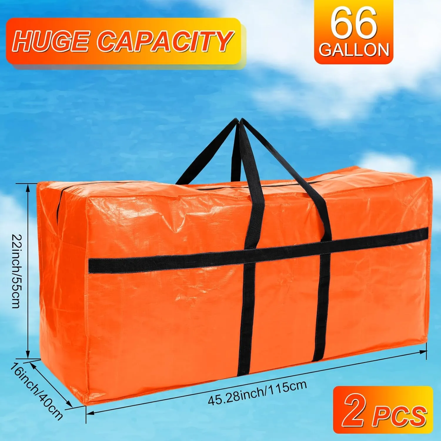2 Pcs 66 Gallon Large Storage Bags with Zipper and Handles Foldable Moving Bags Heavy Duty Extra Large Tote Duffle Bag for College Dorm Travel Clothes Blankets Bedding Moving(Orange)