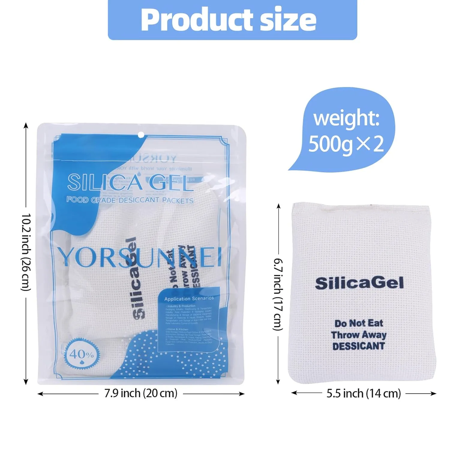 2 x 500 Gram [2.2 lbs] Large Silica Gel Packets,Rechargeable Silica Desiccant Packs, Moisture Absorbers for Moisture Control, Desiccant Dehumidifier for Storage Safe