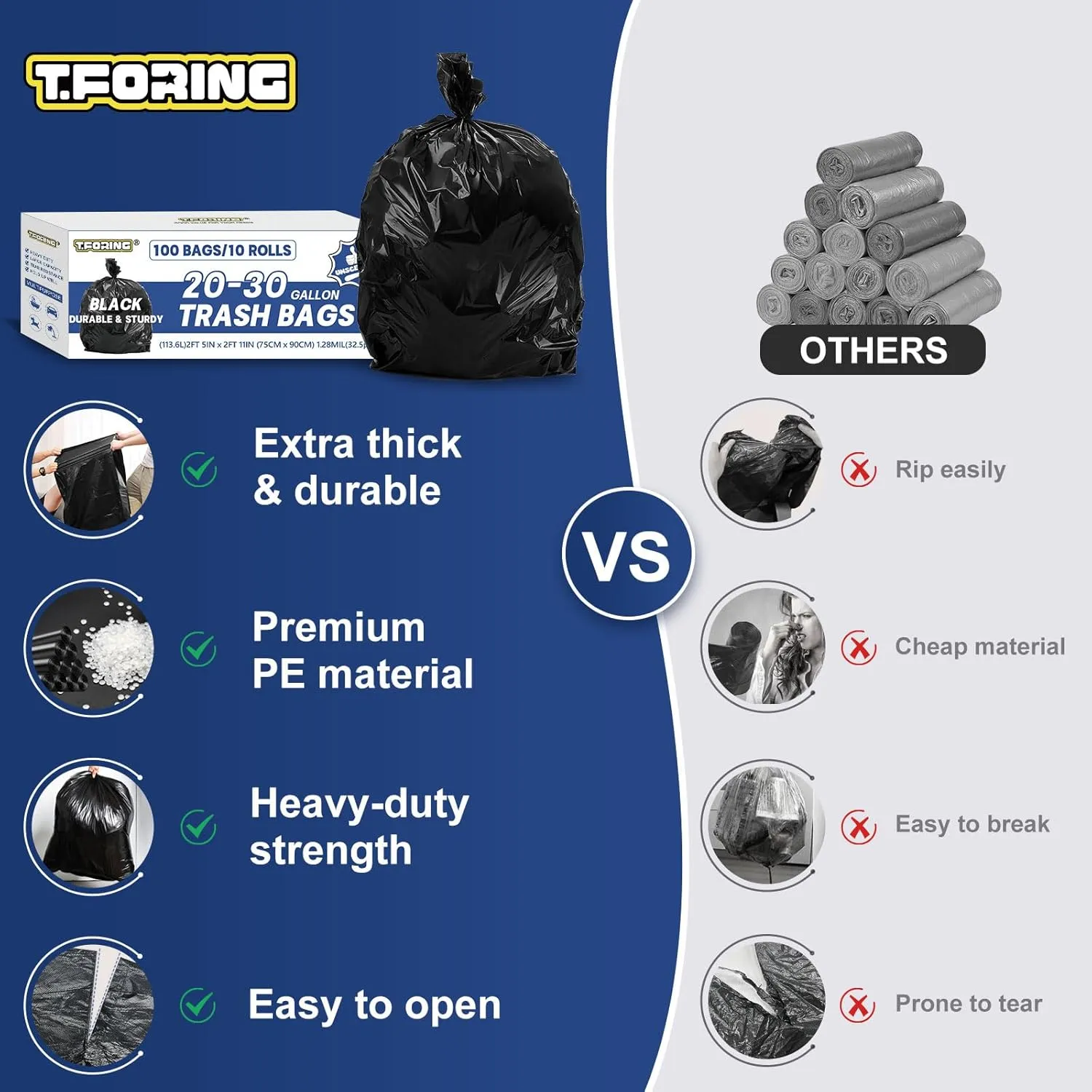 20-30 Gallon Trash Bags Black - 1.28 Mil Thick,30" x 35" Large Garbage Bags 100 Count，20  Gallon Heavy Duty Trash Can Liners Unscented for Kitchen Home Office Commercial Outdoor