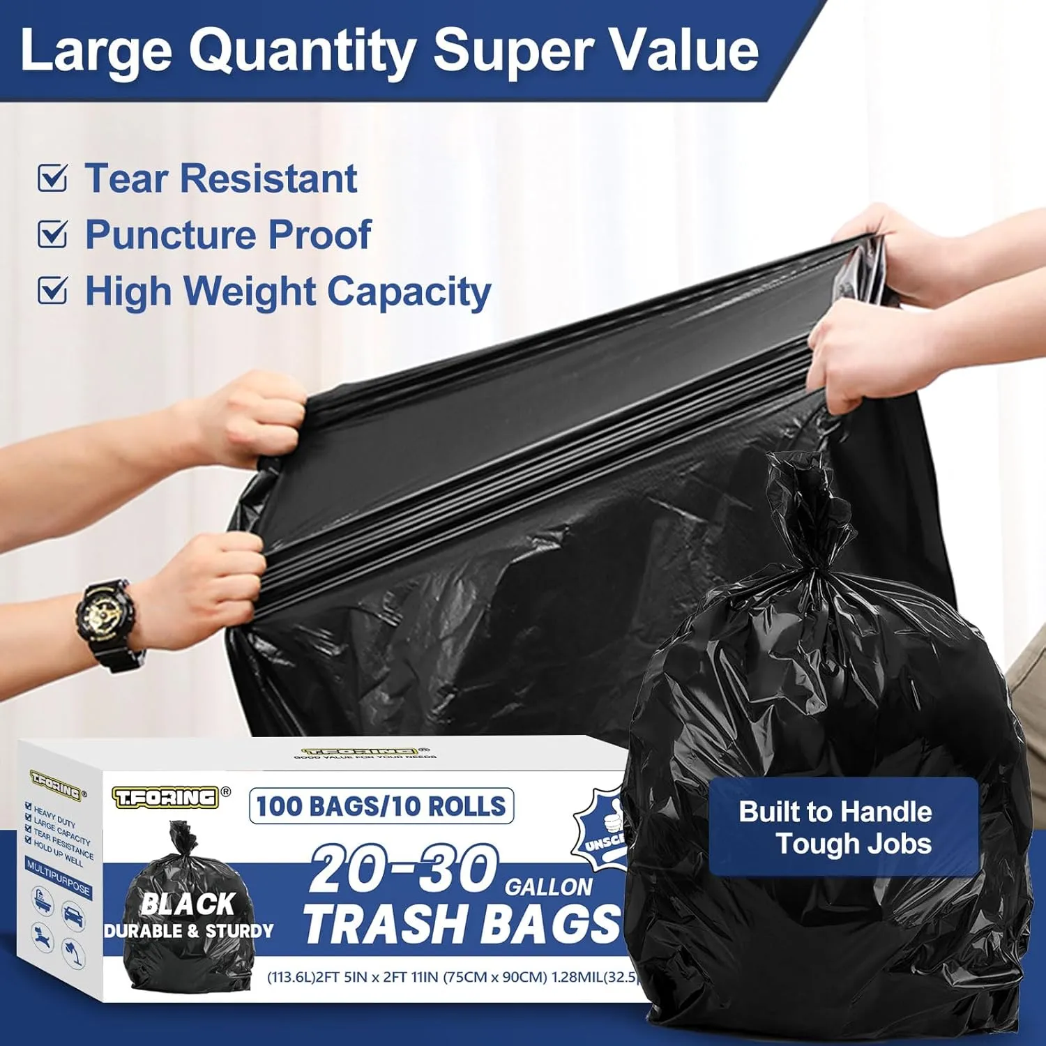 20-30 Gallon Trash Bags Black - 1.28 Mil Thick,30" x 35" Large Garbage Bags 100 Count，20  Gallon Heavy Duty Trash Can Liners Unscented for Kitchen Home Office Commercial Outdoor