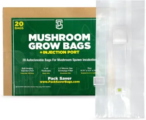 20 Mushroom Grow Bags, Autoclavable, Sterile, Self-Healing Injection Port, 0.2 Micron Gas Breathable Exchange Filter, 3-5 lbs, Indoor and Outdoor Use, Clear