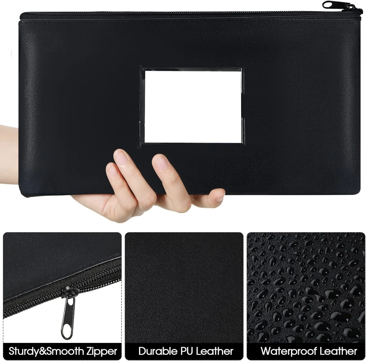 20 Pcs Money Bank Bag with Zipper 11 x 6 Inch Money Pouch Bulk Security Bank Deposit Bag with Clear Window Leatherette Cash Coin Wallet for Women Men(Black)